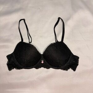 Black Floral Lace Push Up Underwire Bra with Pink Rosette Detail Womens